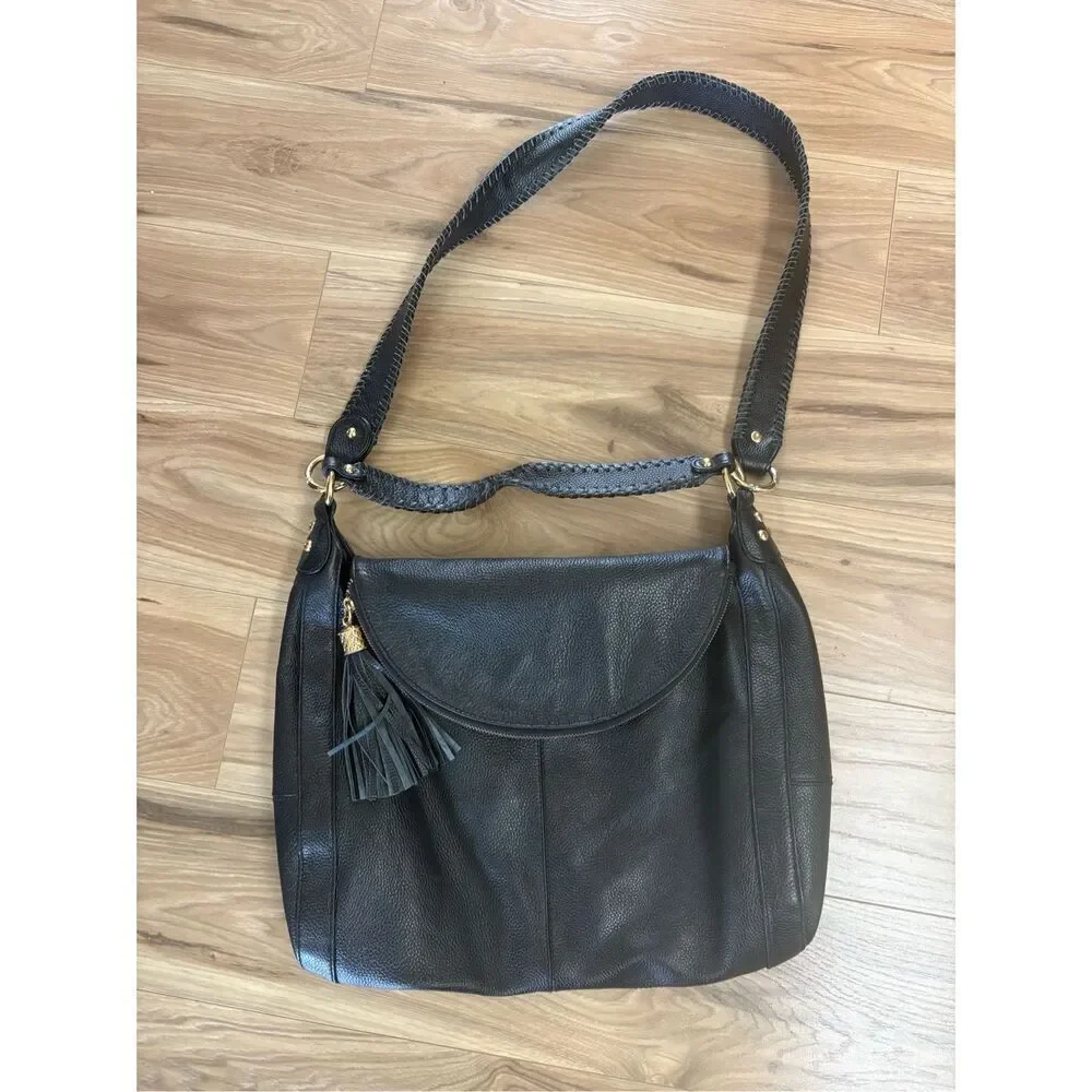 Black Leather‎ Hobo Shoulder Bag with Tassel, Braided Strap Detail